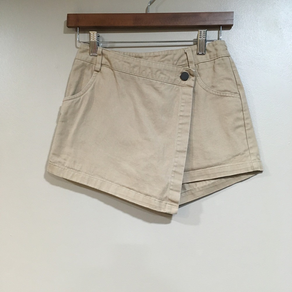 Princess Polly Asymmetric Wrap Mini Skort Size 2 Tan Twill‎ Casual Preppy Skater